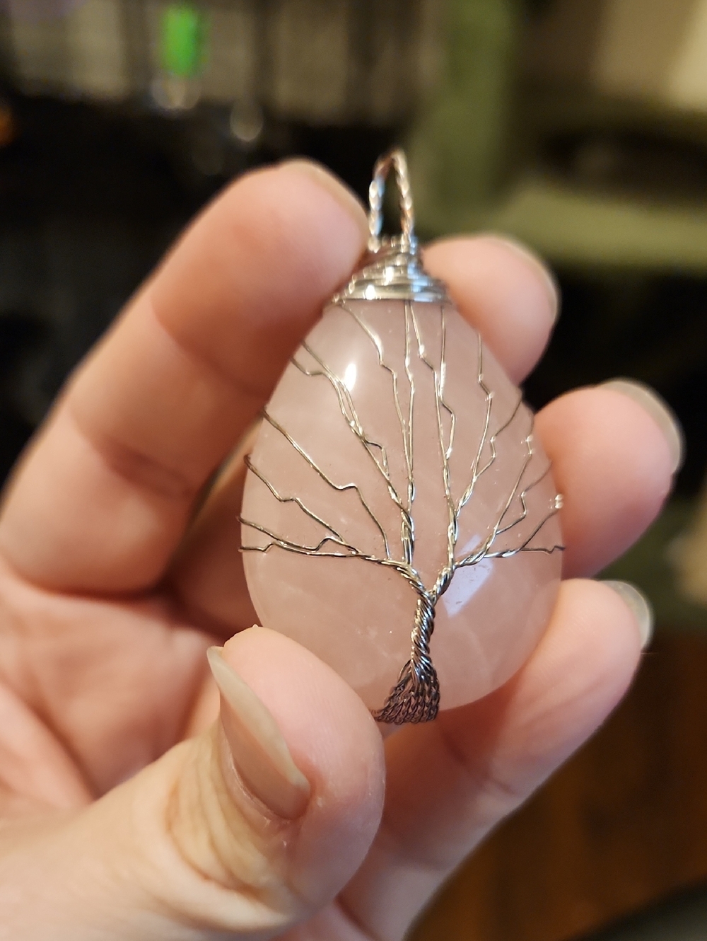 Handcrafted Rose Quartz Tree of Life Pendant - Pink with Silver Wire